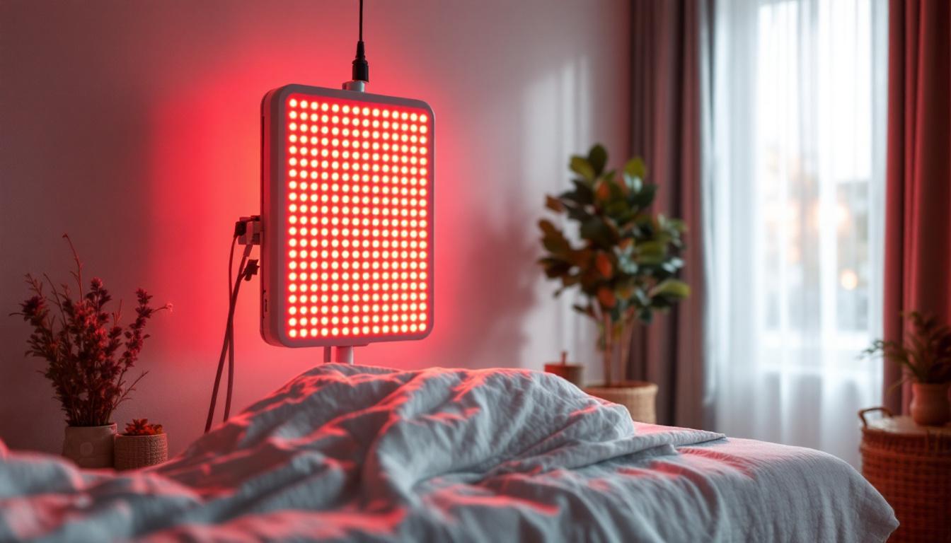 Red light therapy panel in home wellness room
